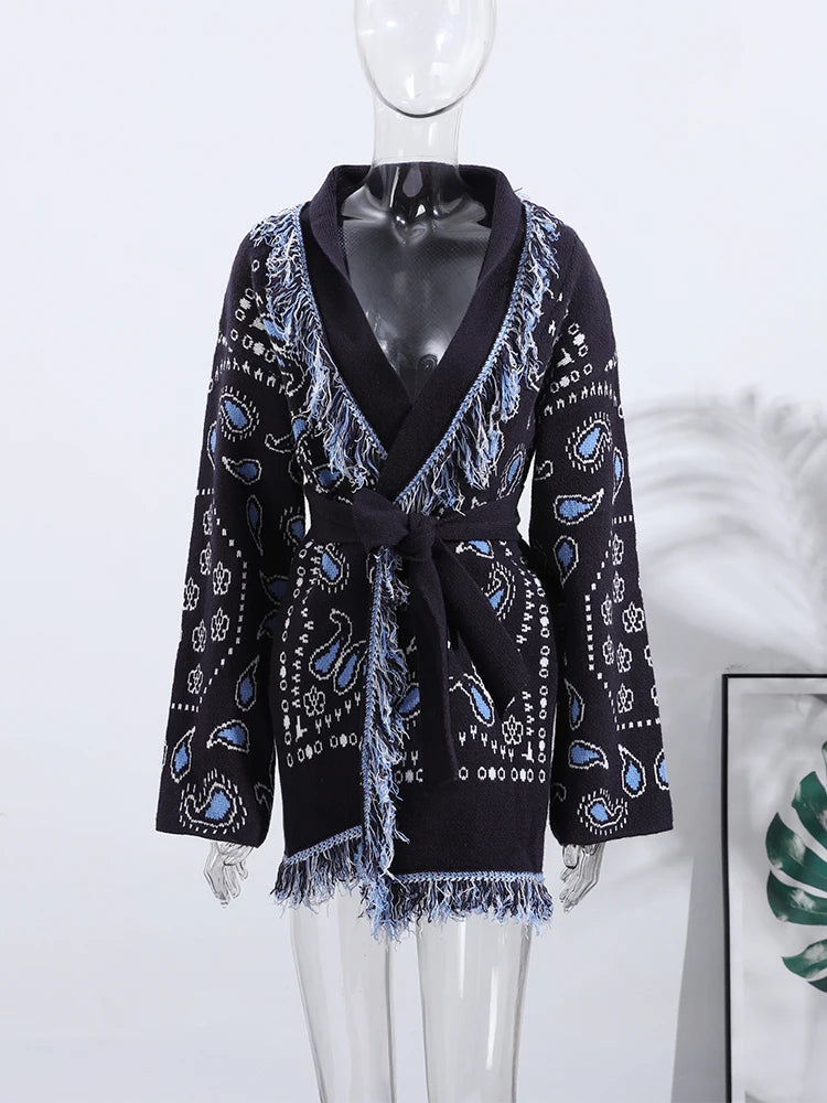 Tassel Patchwork Printed Cardigan Women Geometric Patterns Belts V-neck Long Sleeve Knitted Street Lady Sweater 2025 Autumn Coat