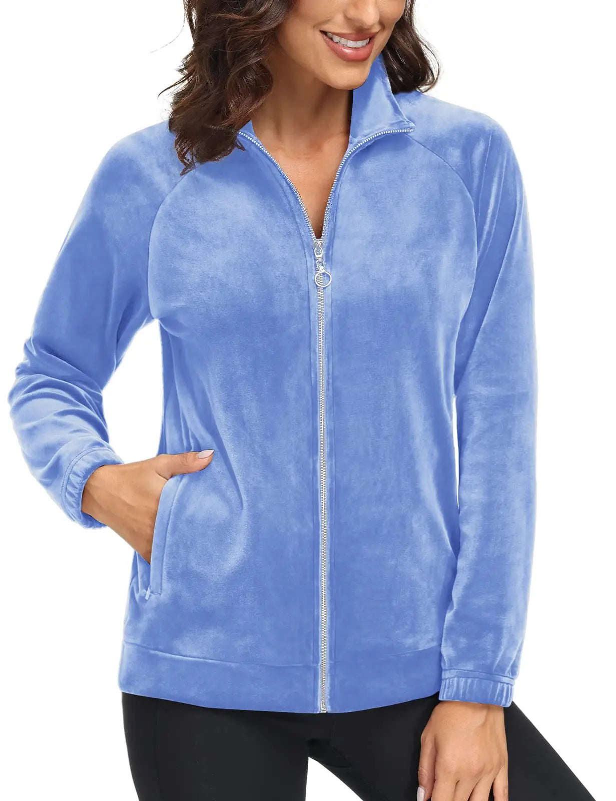 TACVASEN Fleece Velour Full Zip-up Casual Jackets Womens Lightweight Soft Velvet Coat 2 Zipper Pockets Stand Collar Sweatshirts