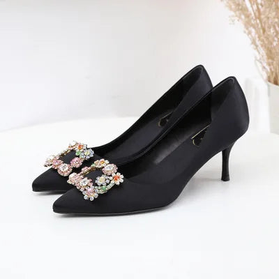 Spring and summer new pointed shallow silk rhinestone flat shoes thin high-heeled banquet dress large size small size women shoe