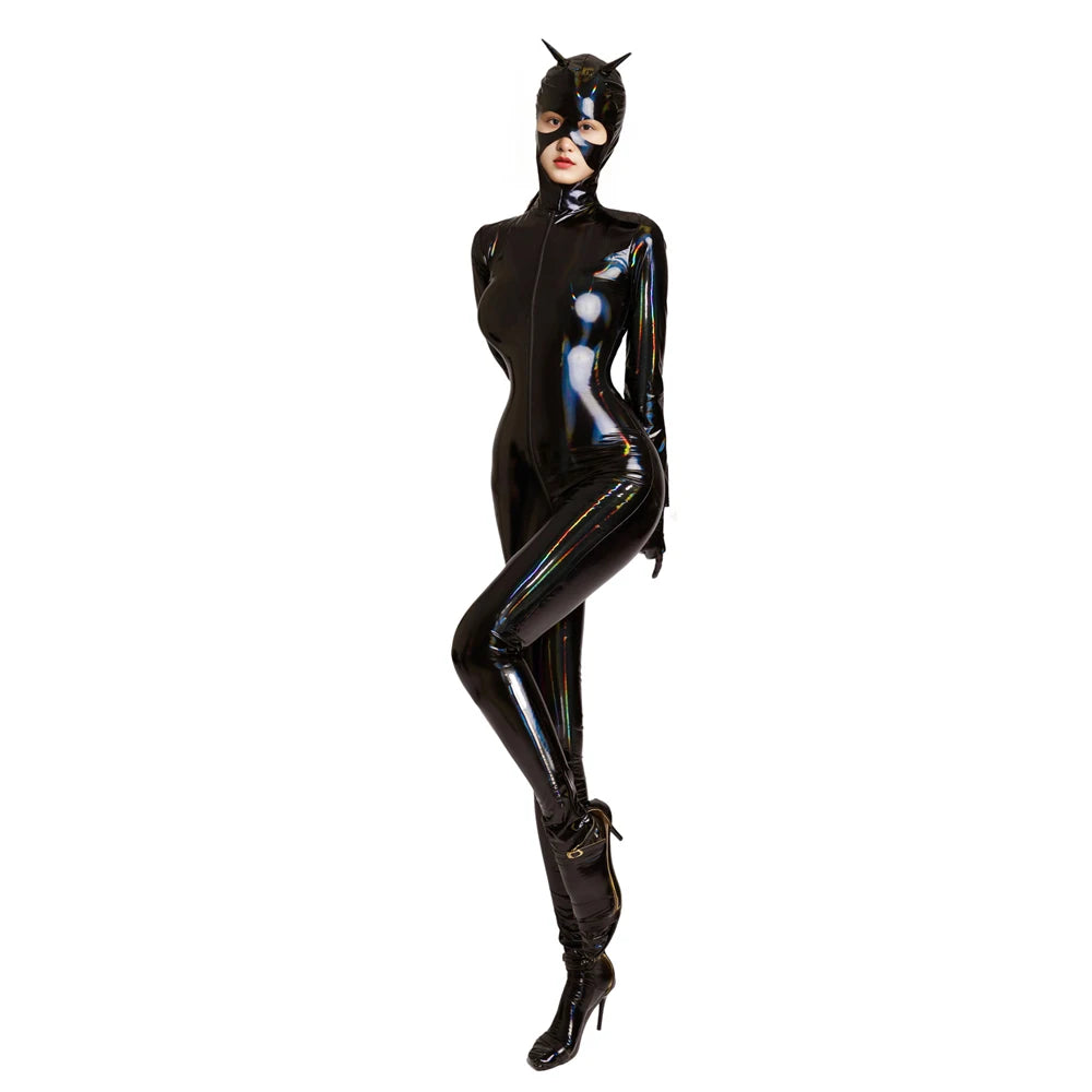 Sexy Women Cosplay Maid Tight Wear PU Oil Glossy Shiny Elastic Bodysuit Zipper Crotch Rompers Jumpsuits Faux Leather