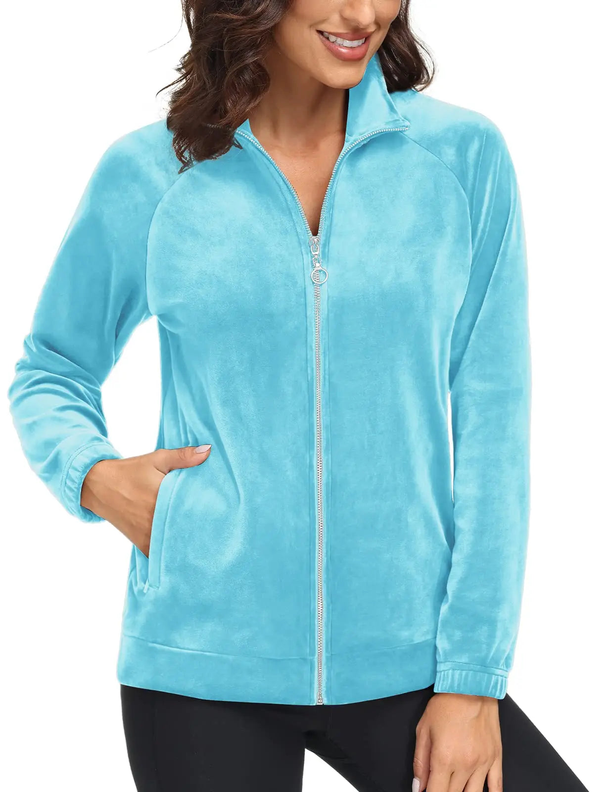 TACVASEN Fleece Velour Full Zip-up Casual Jackets Womens Lightweight Soft Velvet Coat 2 Zipper Pockets Stand Collar Sweatshirts