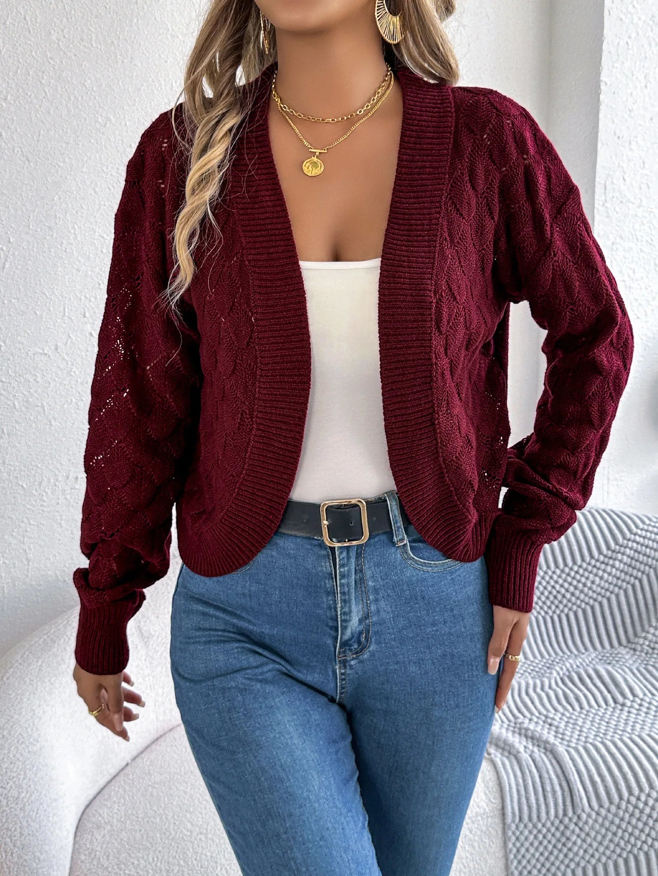 VigoCasey 2025 Autumn Solid Long Sleeve Sweater Grey Cardigan Winter Women Casual Short Cardigan Lady Hollow Loose Knitted Coat