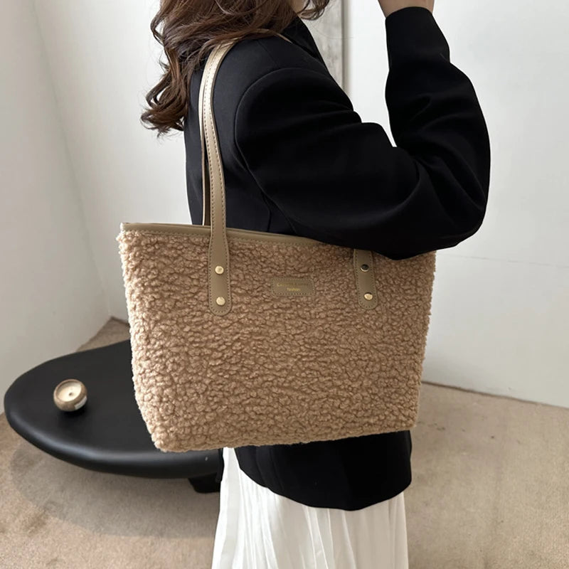 Soft Handbag Large Capacity Fall Winter Shoulder Bag Women Lamb Wool Tote Bag Zipper Closure Casual Shopping Traveling Tote