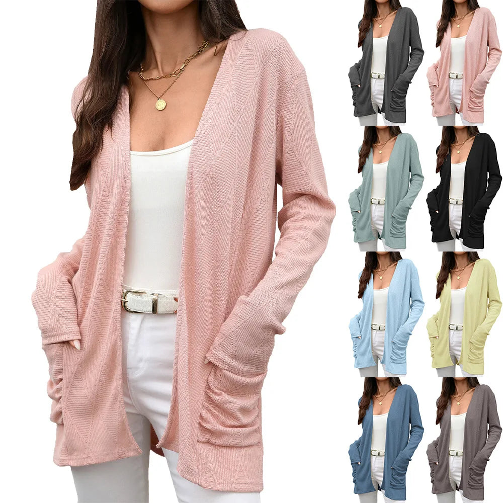 Trade Autumn Winter Knitted Open Cardigan Long Sleeve Mid-Length Ladies Coat With Pockets Pure Color