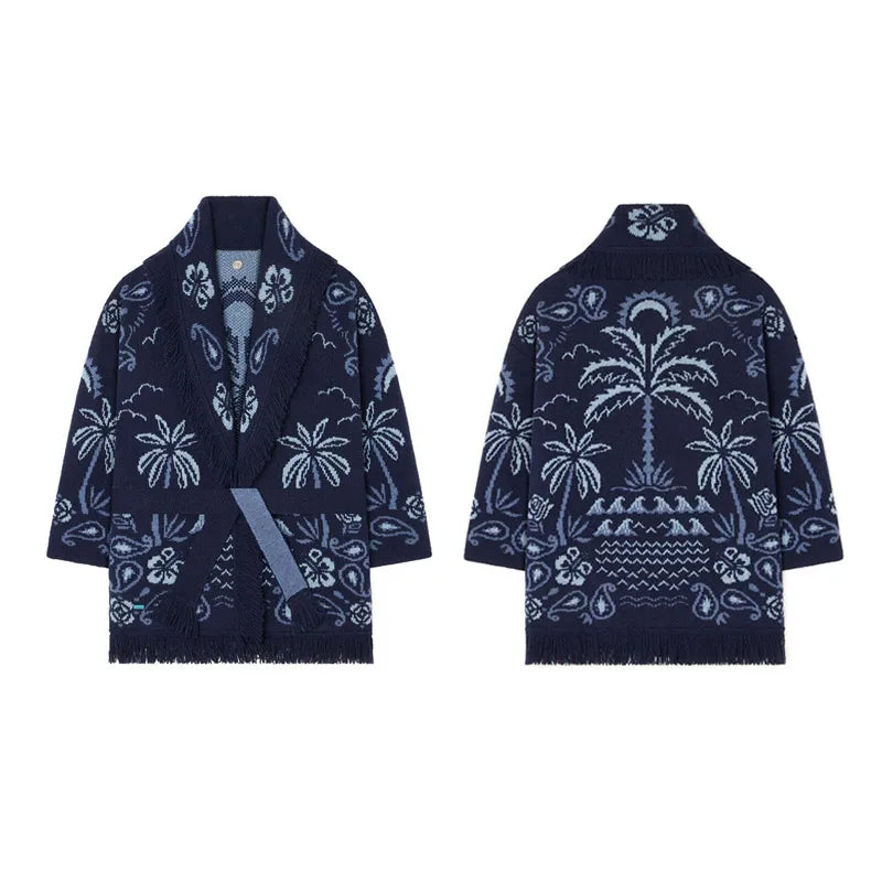 Tassel Patchwork Printed Cardigan Women Geometric Patterns Belts V-neck Long Sleeve Knitted Street Lady Sweater 2025 Autumn Coat