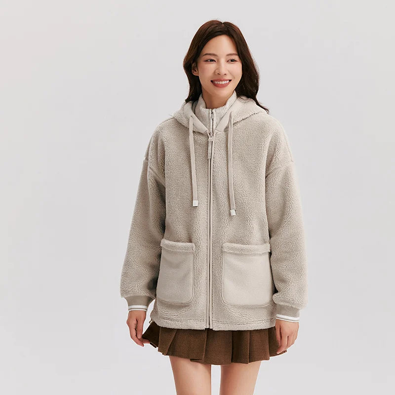 Semir Coat Women Imitation Lamb Wool Polar Fleece Double-Sided Wear Loose 2024 New Winter Contrast Color Simple Hooded Jacket
