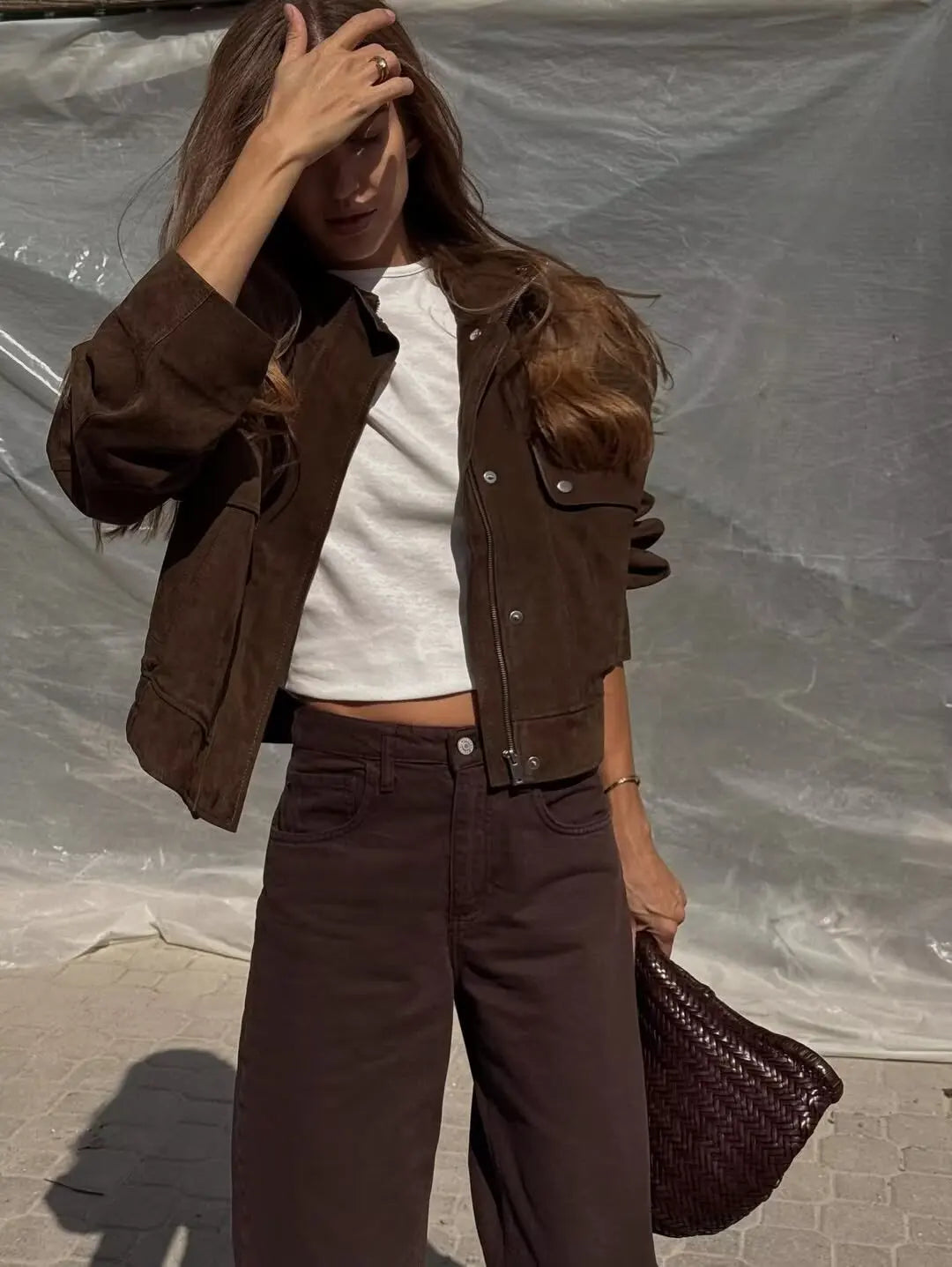 Tidalyf 2025 Women Faux Suede Jacket - Stand Collar, Long Sleeve, Decorative Pockets, Elastic Hem Casual Chic Autumn Winter Coat