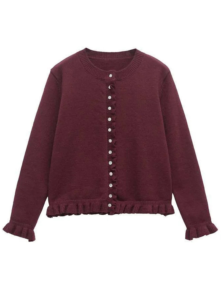 Tossy Ruffled Knit Cardigan Coat For Women Ribbed Long Sleeve Fashion Patchwork Elegant Sweater Outwear Female Knitwear Cardigan