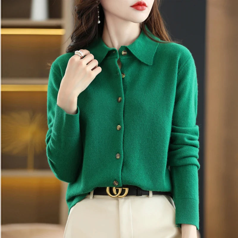 Spring And Autumn Winter POLO Neck Wool Knitted Shirt With Loose Long-Sleeved Sweater Cardigan Temperament Lapel Coat Bottoming