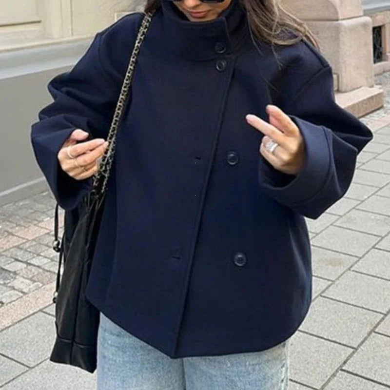 Stand Collar Women Winter Woolen Coats 2025 Spring Single Breasted Loose Female Long Sleeve Jacket Office Lady Street Short Coat