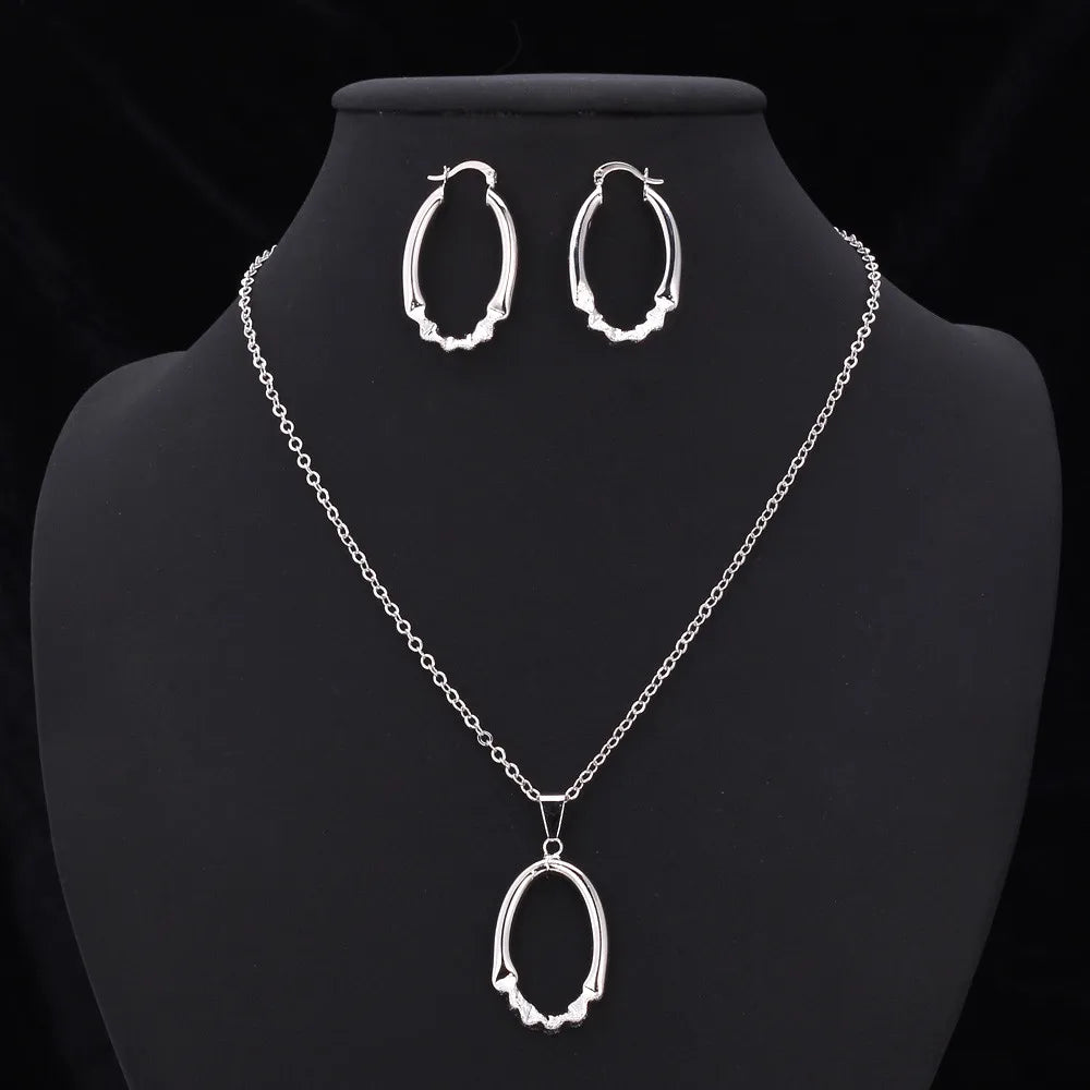 U7 38mm Hollow Oval Hoop Earring Necklace Set for Women Design Folding Pattern Oval Tube Lightweight Jewelry Set Gift for Her