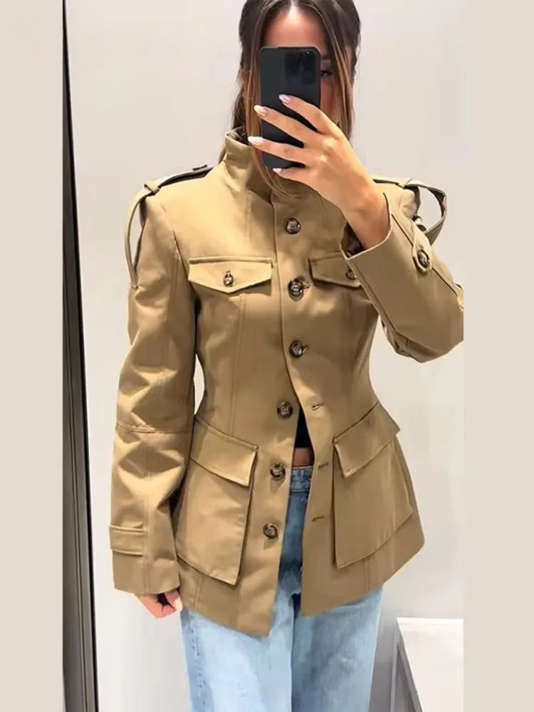 Tidalyf 2025 New Women Casual Jacket High Neck Single Button Shoulder Strap Cuff Strap Pocket Design Chic Fashion Autumn