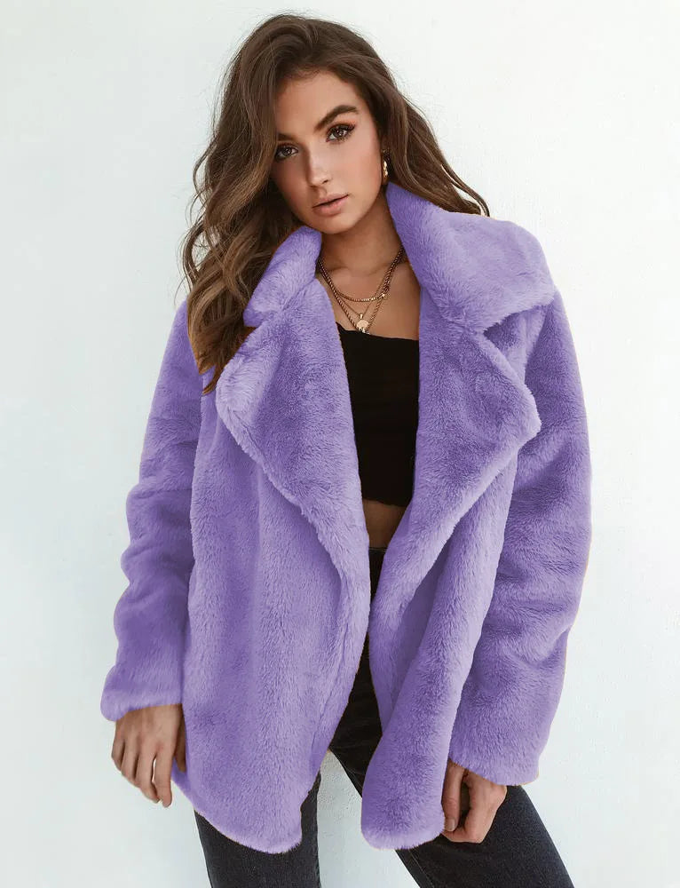 Sexy Plu Lapel Jaet for Women Street Sle Slim Fit Faux Fur Coat Long Sve Pure Color Autumn Faion ort Outerwear