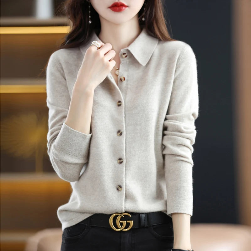 Spring And Autumn Winter POLO Neck Wool Knitted Shirt With Loose Long-Sleeved Sweater Cardigan Temperament Lapel Coat Bottoming