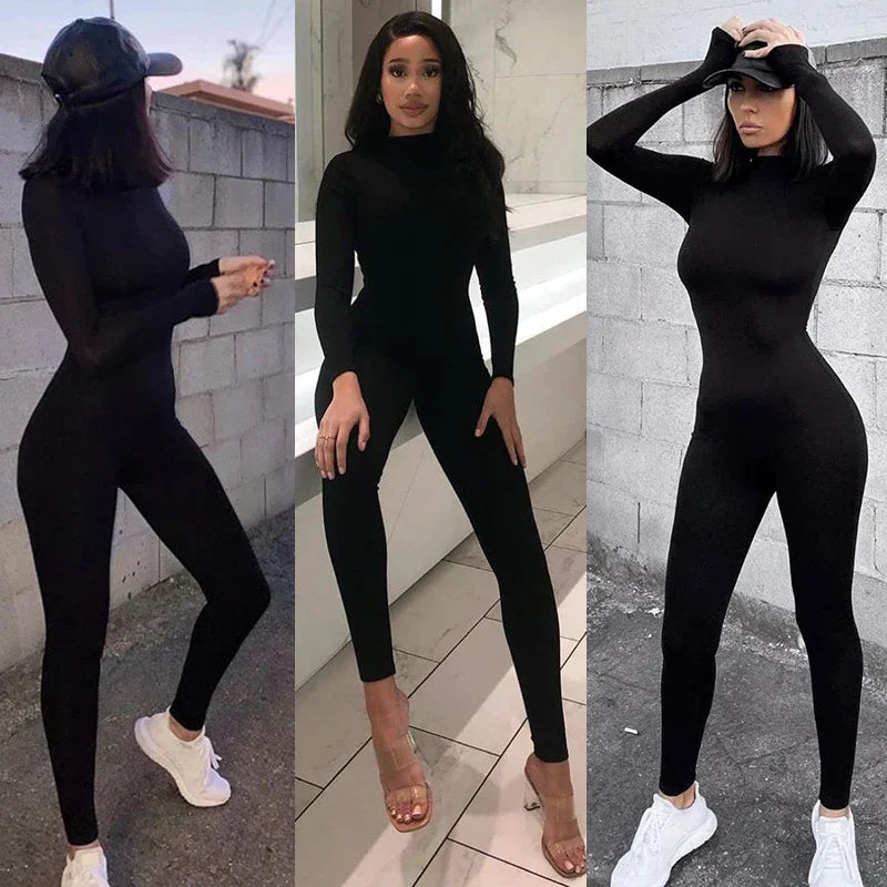 solid black/gray long sleeve skiing jumpsuit women elastic hight outfit fashion fitness sportwear slim rompers streetwear