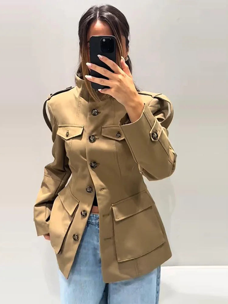 Stand Collar Khaki Cropped Trench Coat Jacket With Pockets Women's Spring Fall Button Front Slim Fit High Street Lady Outerwear