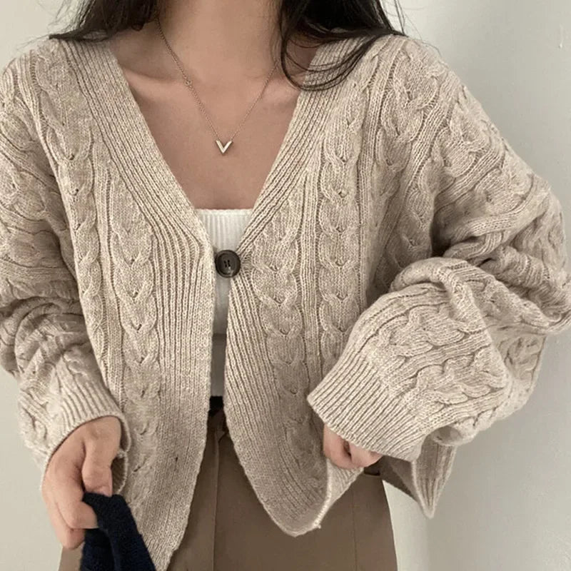 V-neck Twist Design Short Cardigan Sweater Knitted Jacket Fall Autumn and Winter Loose Retro Long Sleeve Casual Women's Clothing