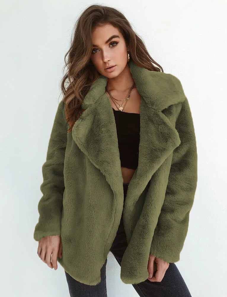 Sexy Plu Lapel Jaet for Women Street Sle Slim Fit Faux Fur Coat Long Sve Pure Color Autumn Faion ort Outerwear