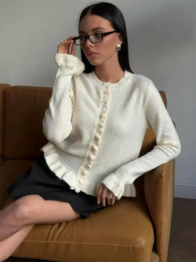 Tossy Ruffled Knit Cardigan Coat For Women Ribbed Long Sleeve Fashion Patchwork Elegant Sweater Outwear Female Knitwear Cardigan