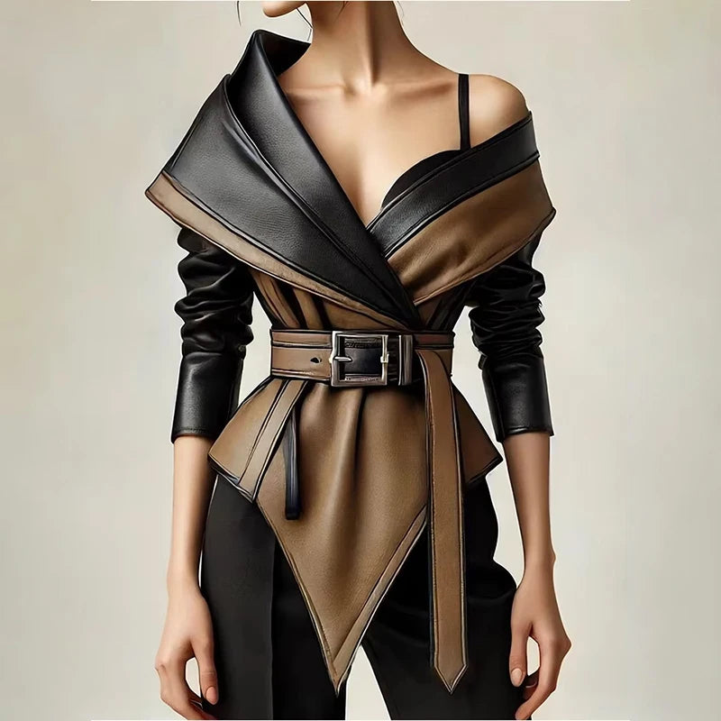 PU Faux Leather Jacket for Women's One Shoulder Splice Irregular Hem Long Sleeve Leather Coat Casual Vintage Y2K Outerwear
