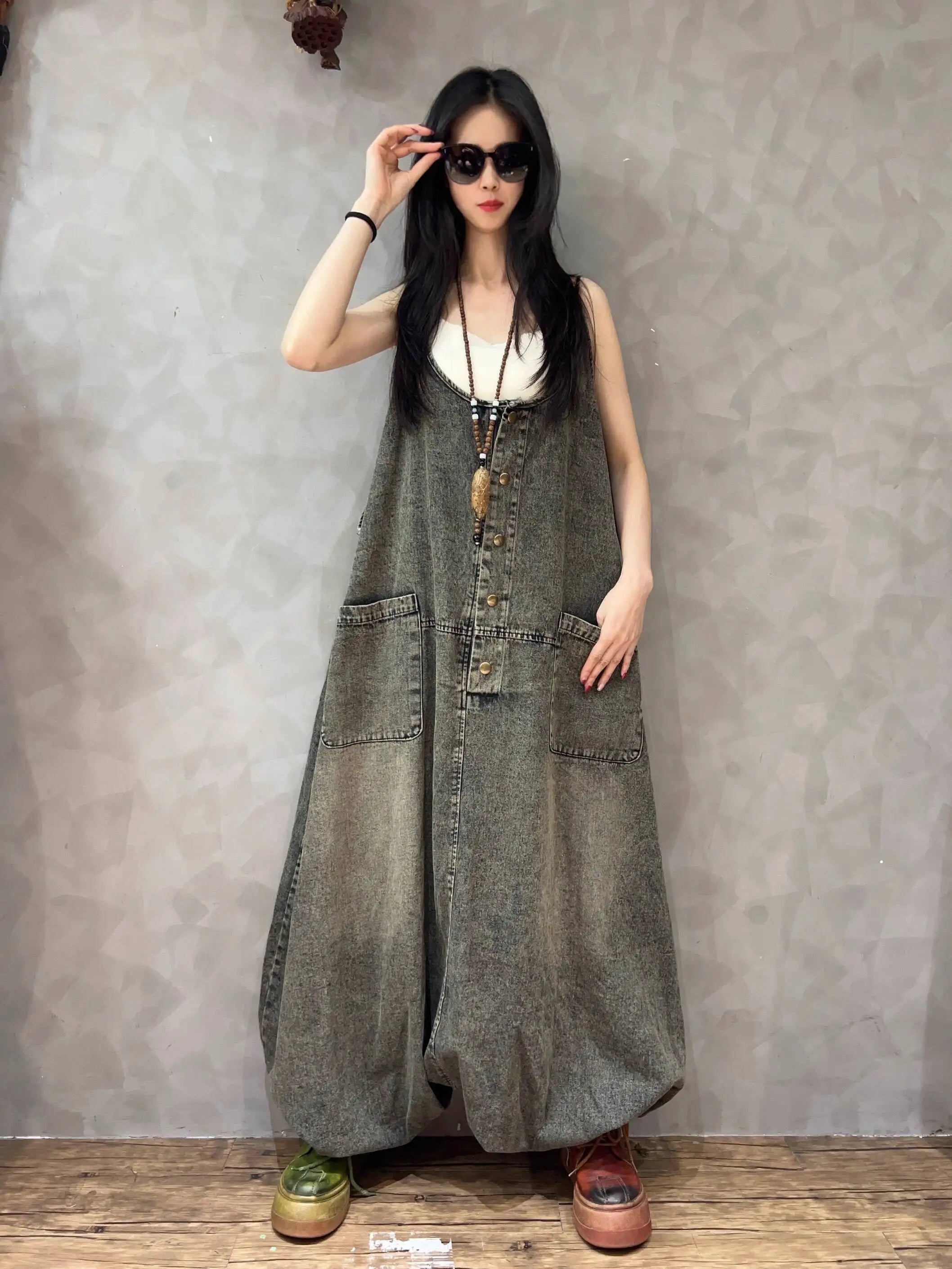Vintage Denim Overalls Women Loose Plus Size Casual Wide Leg Harem Pants Trendy Spring Autumn Jumpsuit LX4143