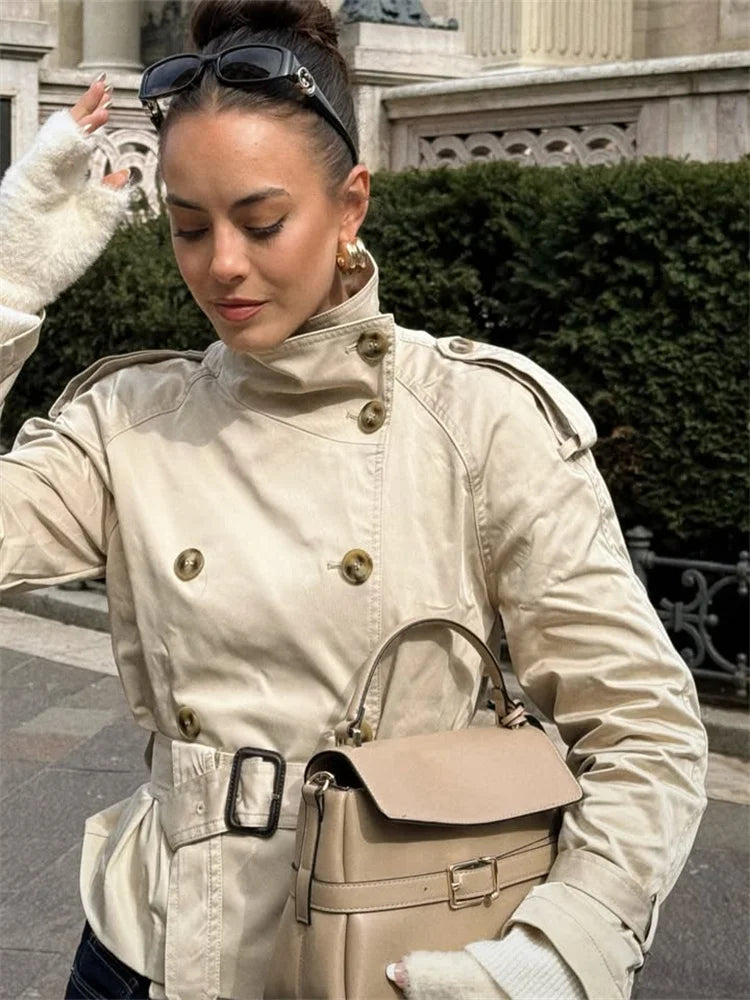 Spring Short Windbreaker Women Fashion Stand Collar Long Sleeve Double Breasted Jackets 2025 New Office Lady Belt Trench Coats