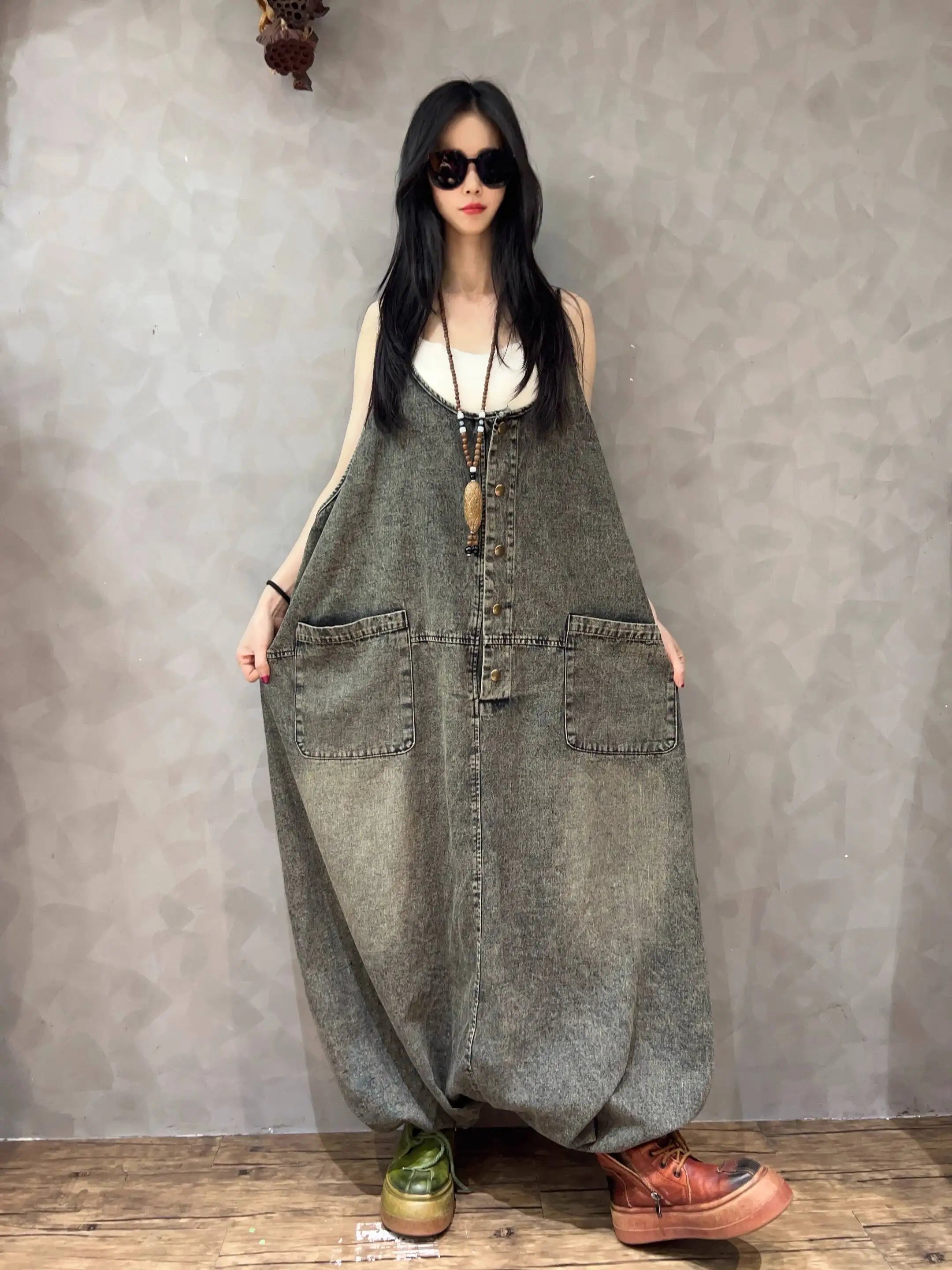 Vintage Denim Overalls Women Loose Plus Size Casual Wide Leg Harem Pants Trendy Spring Autumn Jumpsuit LX4143