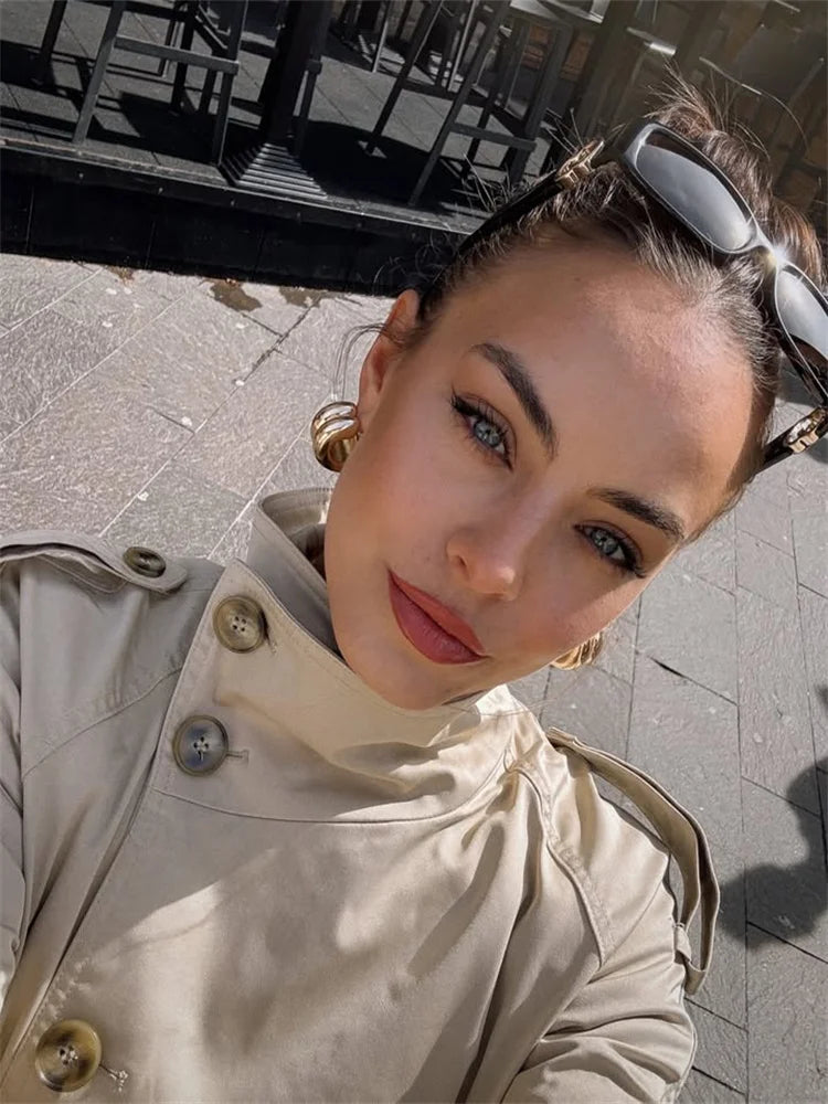 Spring Short Windbreaker Women Fashion Stand Collar Long Sleeve Double Breasted Jackets 2025 New Office Lady Belt Trench Coats