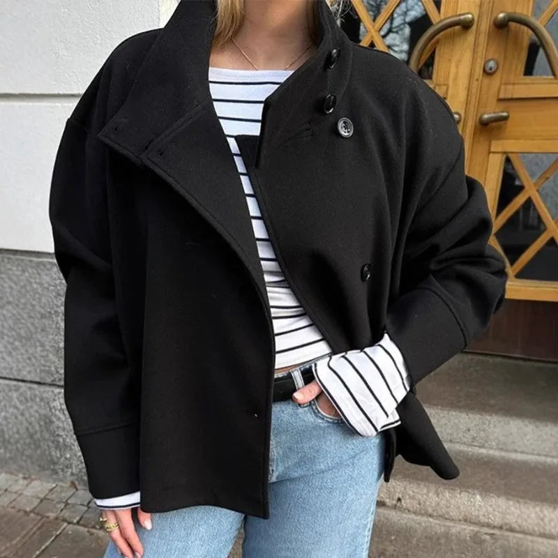 Stand Collar Women Winter Woolen Coats 2025 Spring Single Breasted Loose Female Long Sleeve Jacket Office Lady Street Short Coat