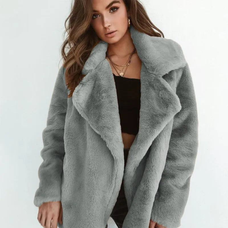 Sexy Plu Lapel Jaet for Women Street Sle Slim Fit Faux Fur Coat Long Sve Pure Color Autumn Faion ort Outerwear