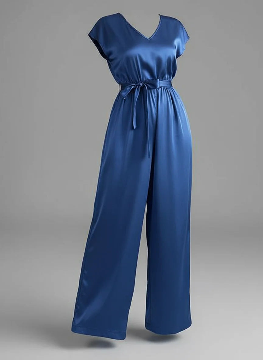 Onecozyday Solid Blue Loose Fit Women's Jumpsuit V-neck Short Sleeves Lace-up High Waist Wide Leg Rompers Summer One-piece Suit