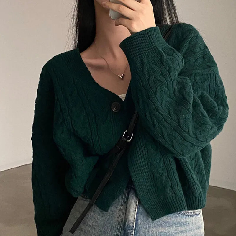 V-neck Twist Design Short Cardigan Sweater Knitted Jacket Fall Autumn and Winter Loose Retro Long Sleeve Casual Women's Clothing
