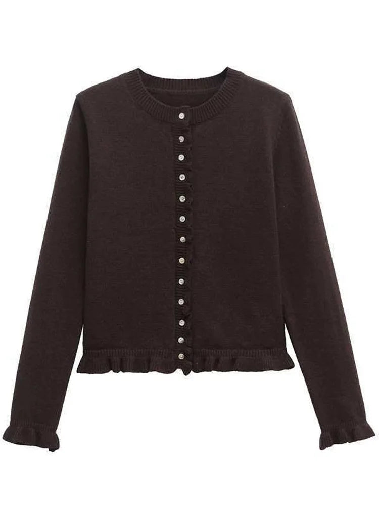 Tossy Ruffled Knit Cardigan Coat For Women Ribbed Long Sleeve Fashion Patchwork Elegant Sweater Outwear Female Knitwear Cardigan