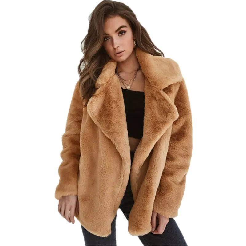 Sexy Plu Lapel Jaet for Women Street Sle Slim Fit Faux Fur Coat Long Sve Pure Color Autumn Faion ort Outerwear
