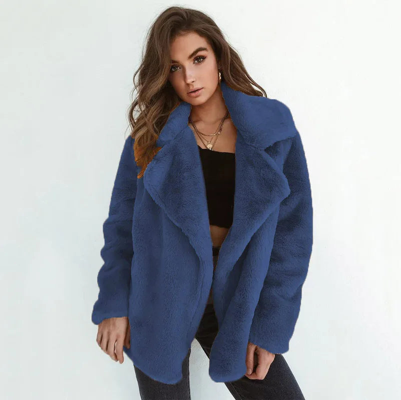 Sexy Plu Lapel Jaet for Women Street Sle Slim Fit Faux Fur Coat Long Sve Pure Color Autumn Faion ort Outerwear