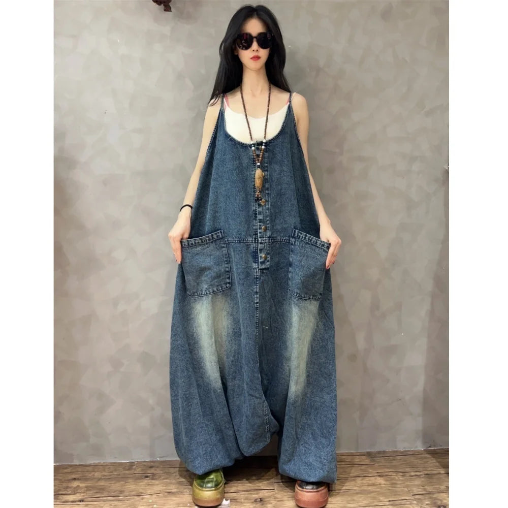 Vintage Denim Overalls Women Loose Plus Size Casual Wide Leg Harem Pants Trendy Spring Autumn Jumpsuit LX4143