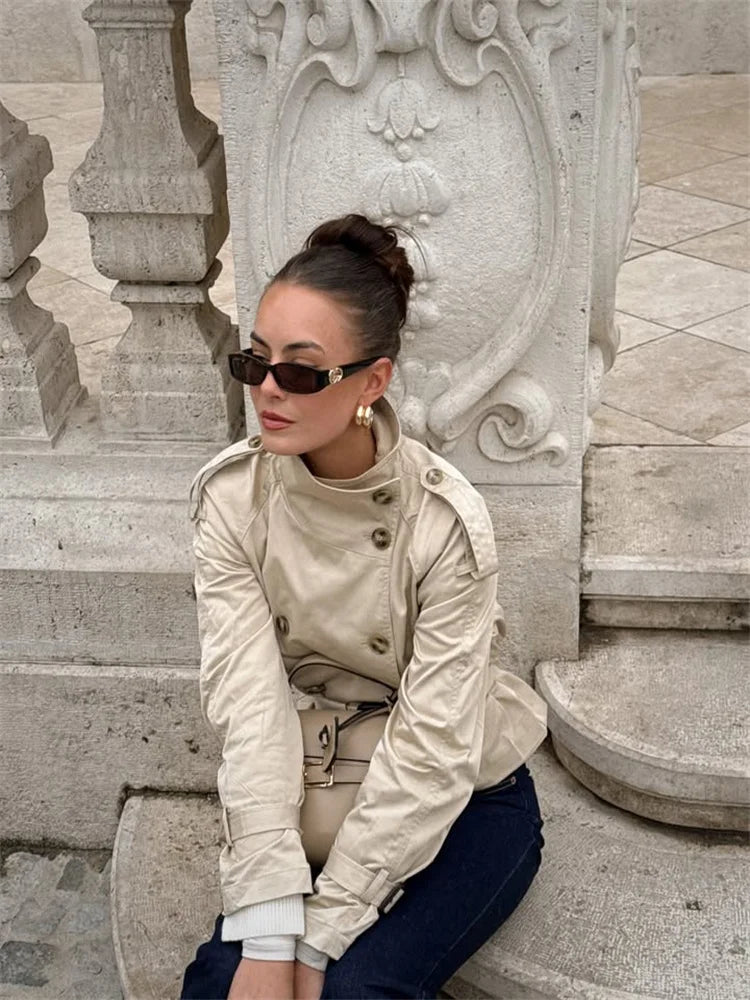 Spring Short Windbreaker Women Fashion Stand Collar Long Sleeve Double Breasted Jackets 2025 New Office Lady Belt Trench Coats