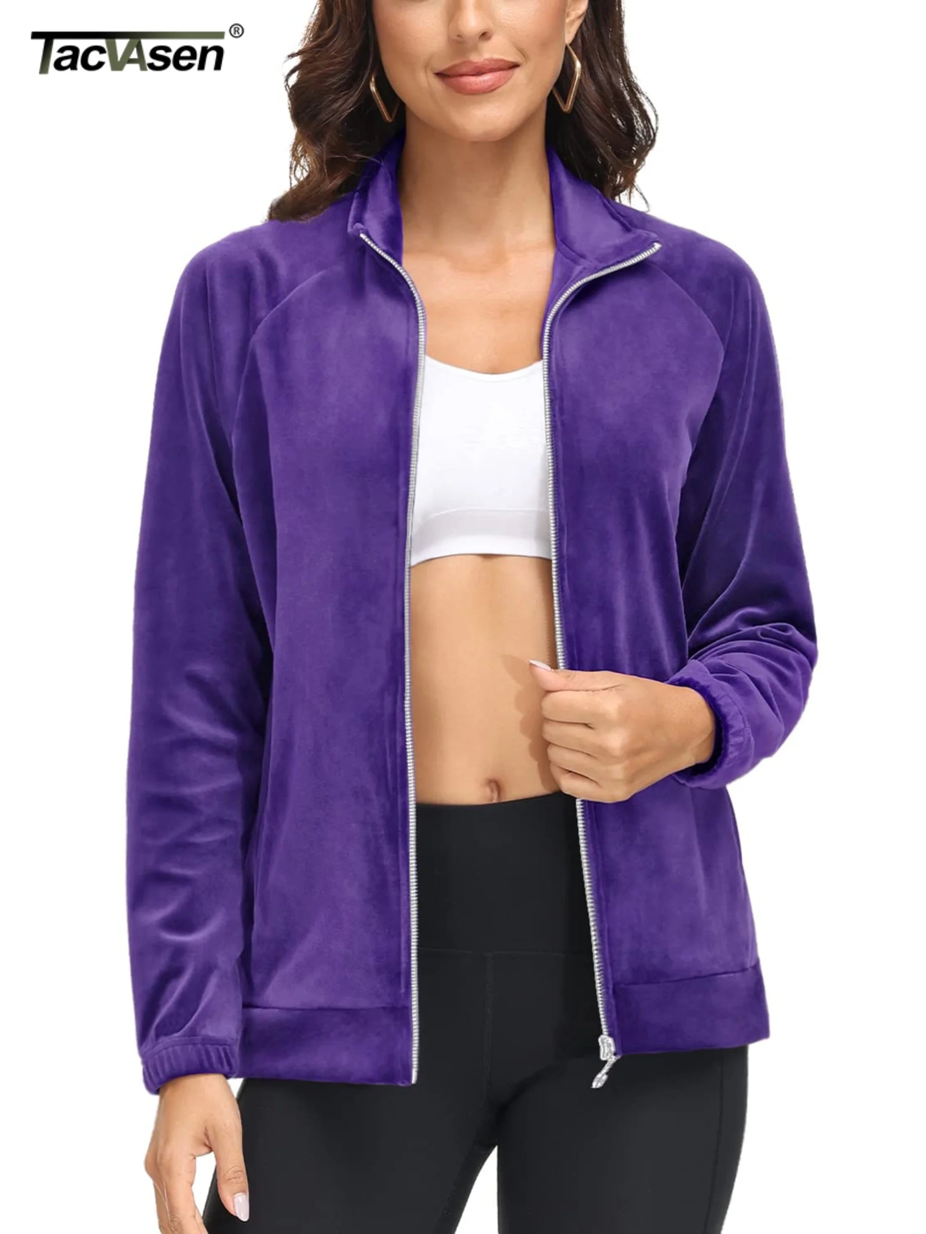 TACVASEN Fleece Velour Full Zip-up Casual Jackets Womens Lightweight Soft Velvet Coat 2 Zipper Pockets Stand Collar Sweatshirts