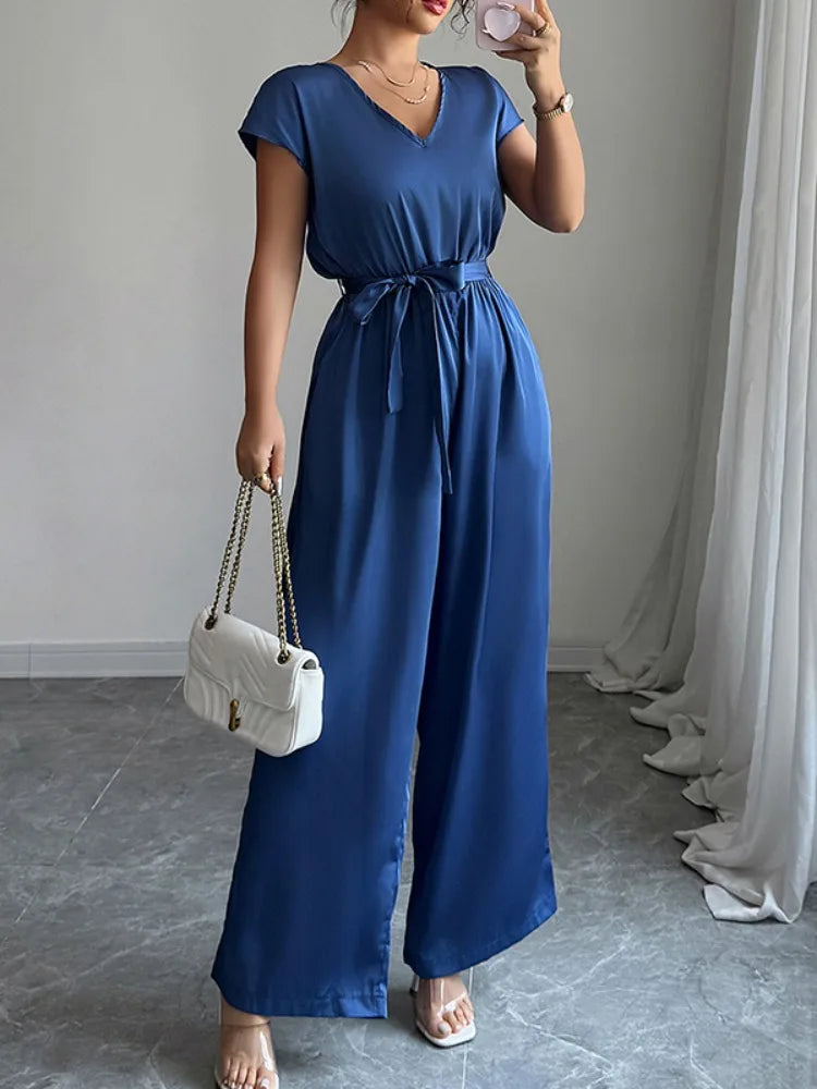 Onecozyday Solid Blue Loose Fit Women's Jumpsuit V-neck Short Sleeves Lace-up High Waist Wide Leg Rompers Summer One-piece Suit