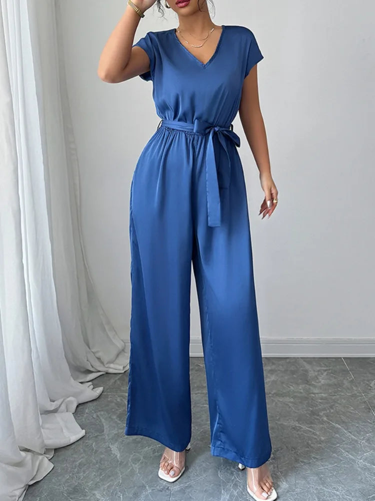 Onecozyday Solid Blue Loose Fit Women's Jumpsuit V-neck Short Sleeves Lace-up High Waist Wide Leg Rompers Summer One-piece Suit