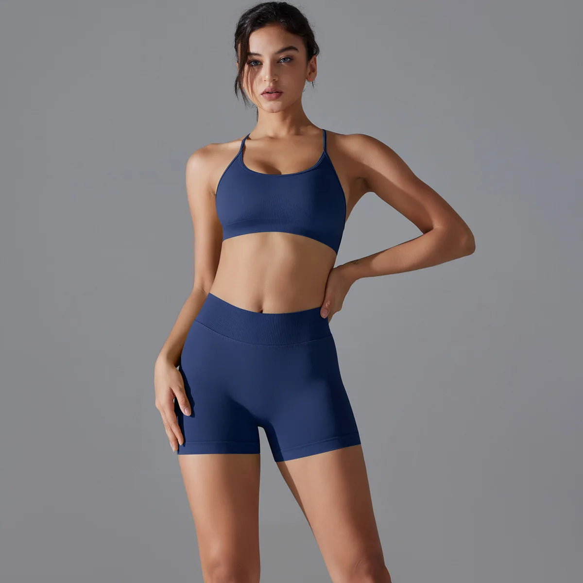 Seamless Yoga Set Sexy Workout Sportswear Gym Clothing 2 Piece Gym Sets Women Back Cross Sports Bra and Fitness Yoga Shorts Suit