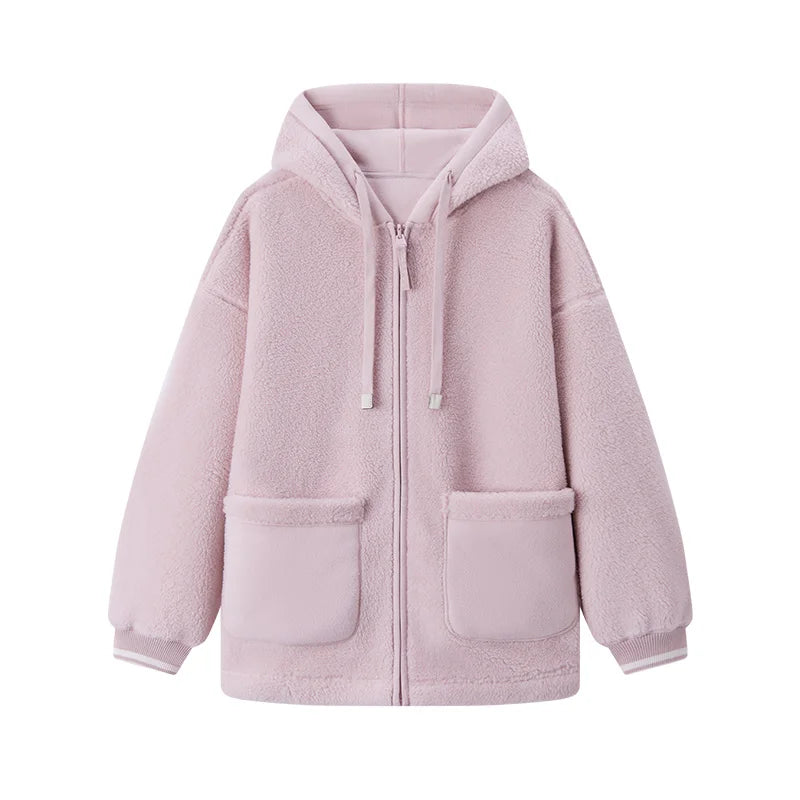 Semir Coat Women Imitation Lamb Wool Polar Fleece Double-Sided Wear Loose 2024 New Winter Contrast Color Simple Hooded Jacket