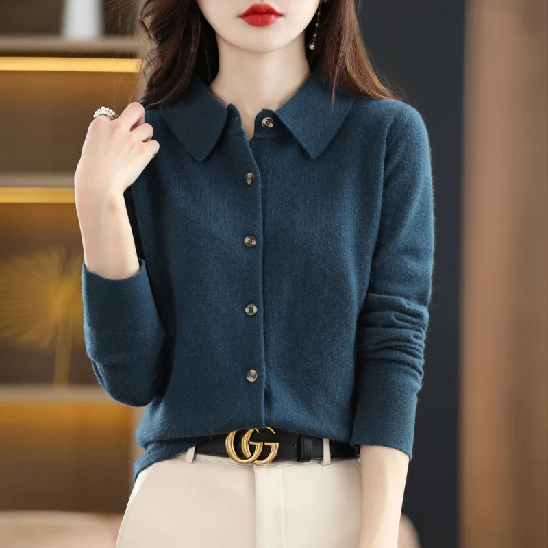 Spring And Autumn Winter POLO Neck Wool Knitted Shirt With Loose Long-Sleeved Sweater Cardigan Temperament Lapel Coat Bottoming