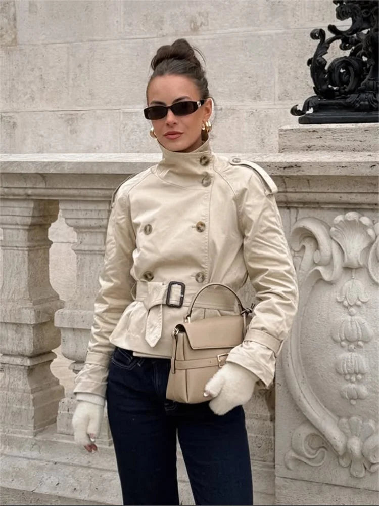 Spring Short Windbreaker Women Fashion Stand Collar Long Sleeve Double Breasted Jackets 2025 New Office Lady Belt Trench Coats