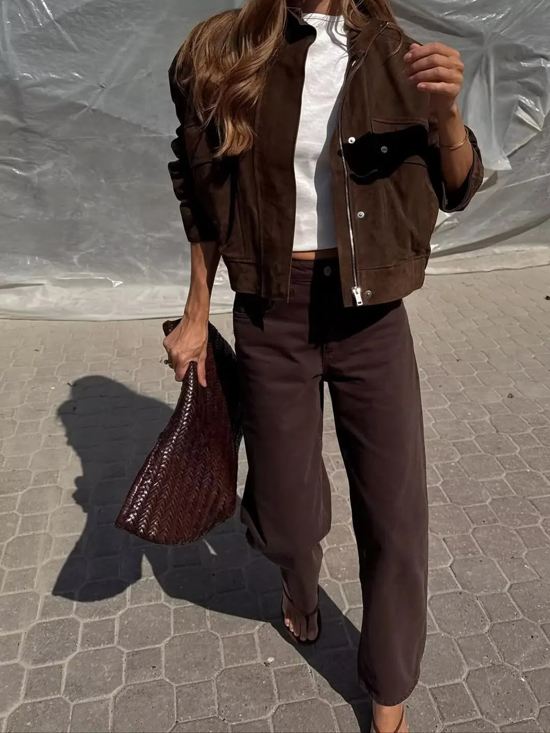 Tidalyf 2025 Women Faux Suede Jacket - Stand Collar, Long Sleeve, Decorative Pockets, Elastic Hem Casual Chic Autumn Winter Coat