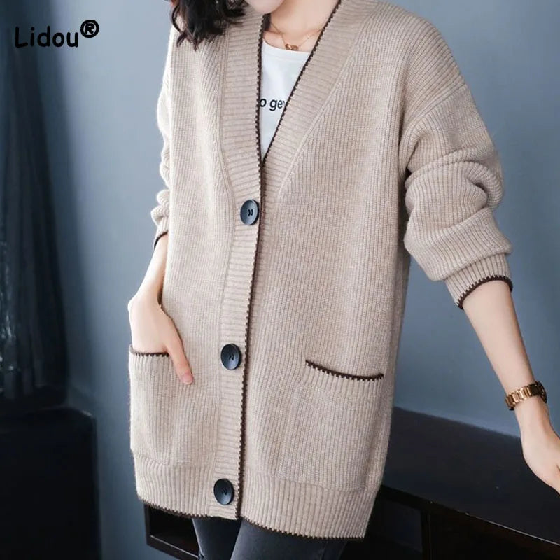 Solid Color Button All-match Sweaters Cardigan Women's Clothing Autumn Winter Korean Loose V-Neck Fashion Pockets Knitted Tops