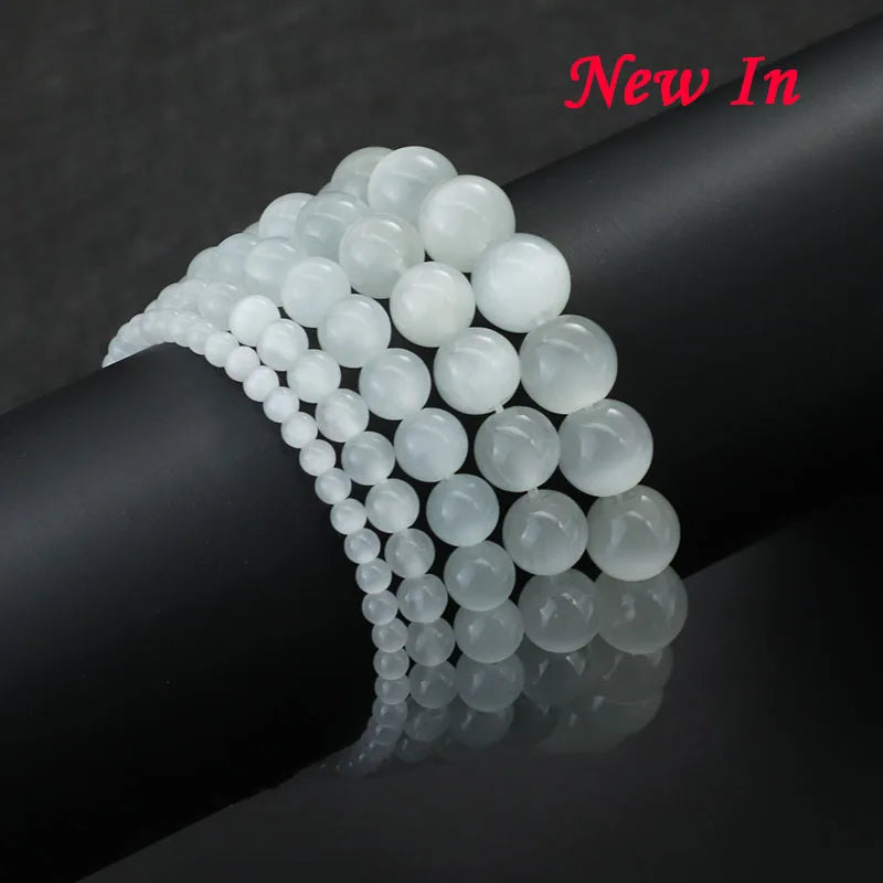 Noter 100% Natural White Cat Eyes Stone Bracelet Women 4/6/8/10/12mm Smooth Beaded Braslet Gifts For Lovers Moonstone Braclet
