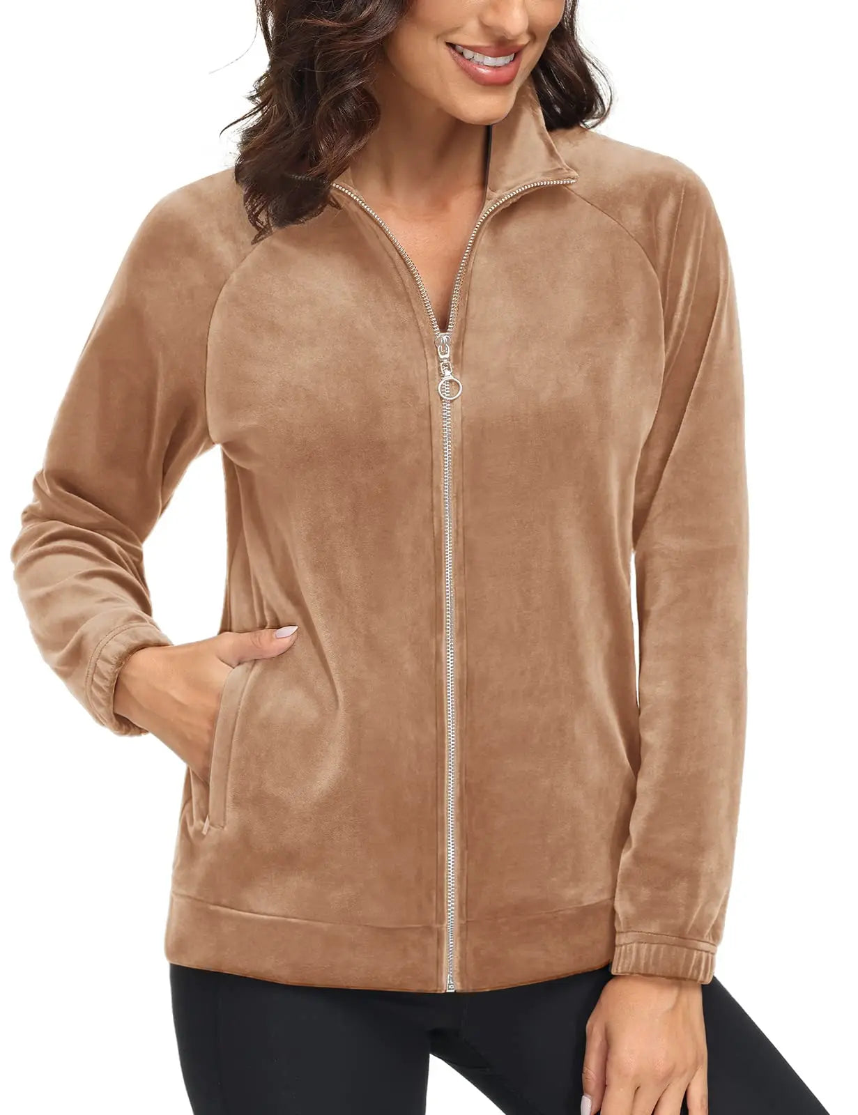 TACVASEN Fleece Velour Full Zip-up Casual Jackets Womens Lightweight Soft Velvet Coat 2 Zipper Pockets Stand Collar Sweatshirts