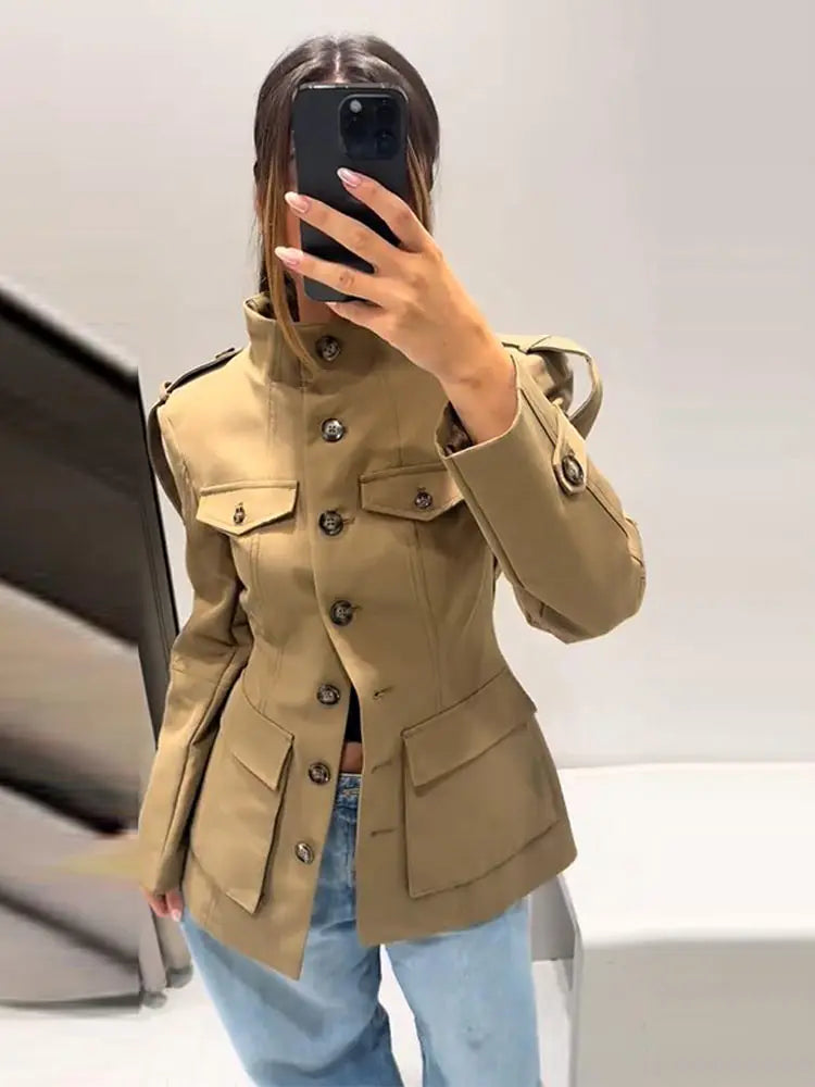 Stand Collar Khaki Cropped Trench Coat Jacket With Pockets Women's Spring Fall Button Front Slim Fit High Street Lady Outerwear