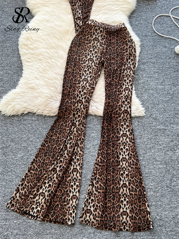 SINGREINY 2024 Newest Leopard 2pcs Suits Women Sexy Strap Tops+Elastic Waist Flared Pants American Ins Fashion Hotsweet Sets